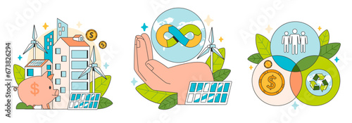 Social entrepreneurship set. Business' responsibility for impact on society and environment. Financing and implementing solutions for Sustainable development. Flat vector illustration