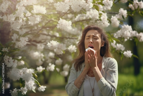A female sneeze with a napkin in a booming cherry blossom woods in Spring due to pollen allergy. Spring seasonal concept.