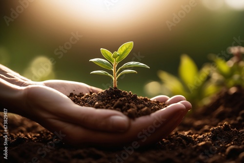Nahaufnahme einer Hand, die eine Handvoll Erde hält, mit einer winzigen Pflanze, die aufwächst, und die das Wachstum und das Potenzial von Biomasse-Energiequellen repräsentiert.