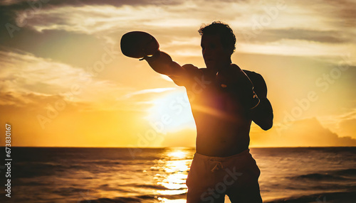 silhoutte man with boxing glove pose at sunset