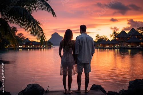 A young couple watch beautiful sunset at beach. Summer tropical vacation concept.