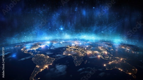 Night Earth in space. Abstract wallpaper. City lights on the planet. Civilization.
