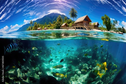 Beautiful underwater view of luxury resorts and tropical beach in Summer. Summer vacation concept.