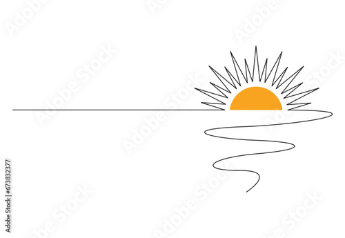 Sun on sea beach one black continuous one line drawing. Sunset sunrise outline. Vector illustration. Premium vector.