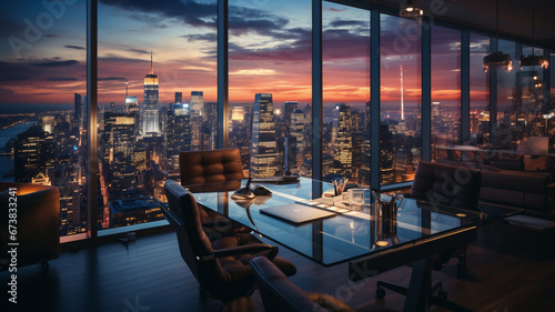 luxury business office in the skyscraper with magnificent view on megapolis on sunset. corporate business. global trading. finance investment
