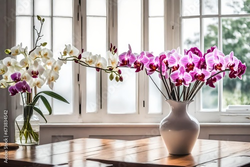 A bouquet of orchid and carnation flowers, placed in an ivory ceramic vase, on a wooden surface, near an open window.