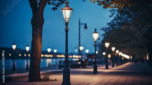 a row of brightly lit street lamps beside bay during night time. A beautiful night view of the beach with street lights and city lights. generative AI