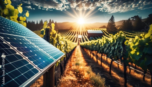 Solar panel as a source of renewable and sustainable photovoltaic green energy technology installed next to a winery capturing the sunlight