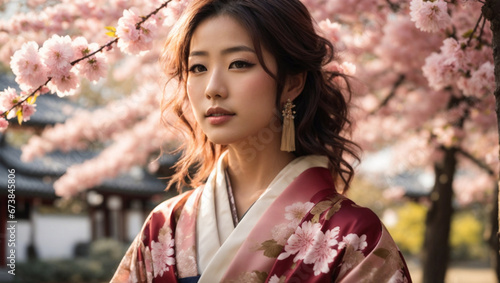Bellissima ragazza di origini asiatiche vestita con un kimono sotto un albero di ciliegio in fiore in Giappone in primavera