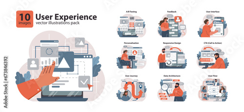 User Experience set. Exploring website features, feedback collection, interface adjustments. Personalizing content, mobile adaptability, user pathways. Analyzing structural data. vector illustration