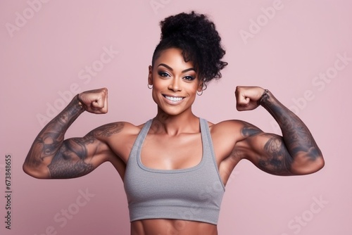 young woman with tattoo on her hand showing her biceps in pastel color studio background
