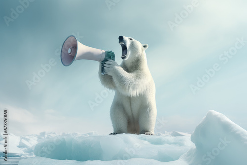 Polar bear as protester with megaphone stands on the ice. Global climate change concept.