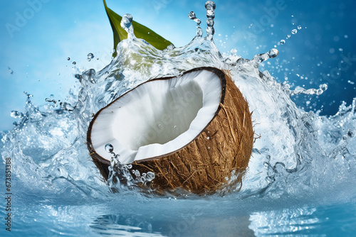A half-peeled coconut falls on the water. until the water spreads up.