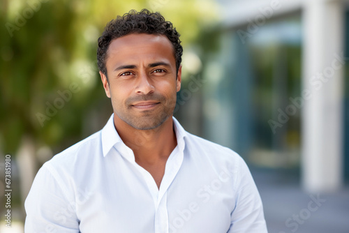 Middle age man with short curly hair and white shirt standing outdoors.