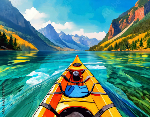 Abstract Outdoor Nature Selfie Canoeing Kayaking on Sunny Day on Lake Sea with Mountain View on digital art concept, Generative AI.