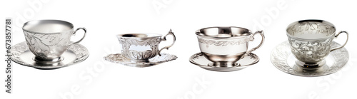 Silver or Chrome teacup and saucer plate collection - premium pen tool PNG transparent background cutout. 