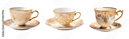 Gold and white teacup and saucer plate collection - premium pen tool PNG transparent background cutout. 