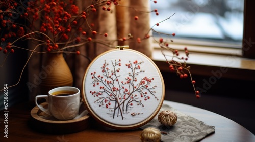 Winter cozy hobbies. Embroidery in a round hoop with a winter pattern and accessories for embroidery. Making Christmas gifts. The process of hand embroidery with a long stitch on a winter theme.