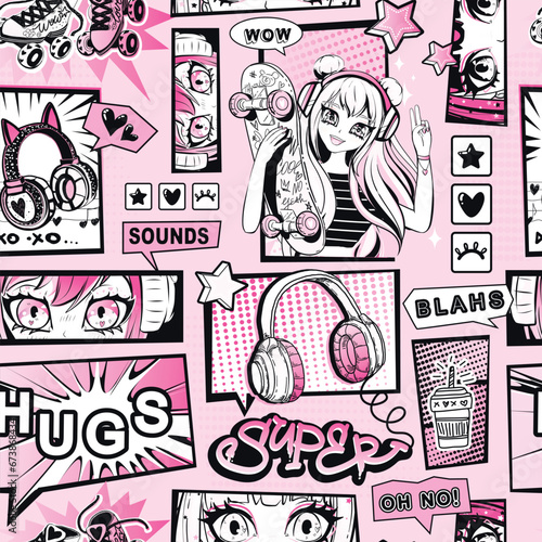 Abstract seamless pattern with anime girl, eyes, gamepad, headphones, skateboard, roller skates, speech bubble with text, hearts, stars sign. Teenager repeat print. Girlish fashion ornament.