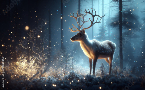 Elk or reindeer stag in a magical forest with sparkling lights antlers beautiful realistic deer Natural landscape background in winter forest