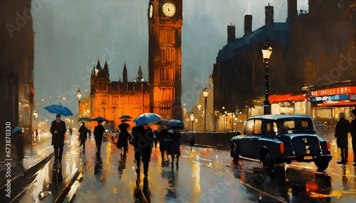 ロンドンの街を描写した絵画、雨に濡れた美しい街｜A painting depicting the city of London, a beautiful city soaked in the rain. Generative AI