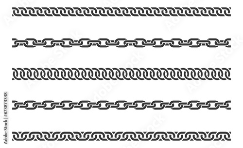 Set seamless chain link. Different chains silhouette black and white isolated on background. Chainlet line design elements.