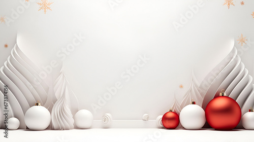 creative white christmas background for announcements with plaster christmas trees and festive red decorations and space for text. 3D rendering of a Christmas ad background