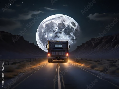 La luna proyecta un resplandor espeluznante sobre la carretera desierta mientras el camión avanza retumbando, con su carga oculta en las sombras del remolque.