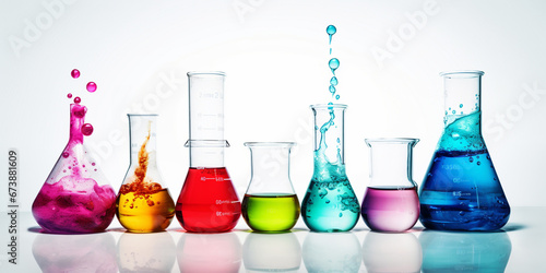 test tubes of different shapes and sizes with different colored liquid on a white background