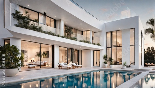  White building with a stunning outdoor pool.