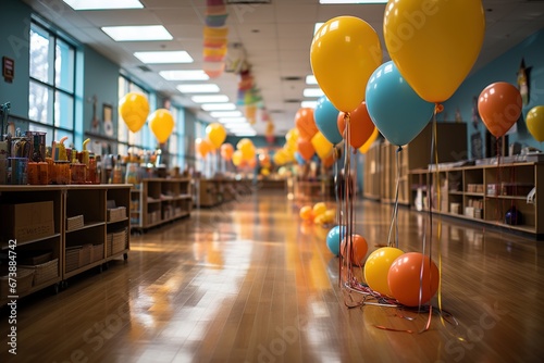 empty school office with balloons