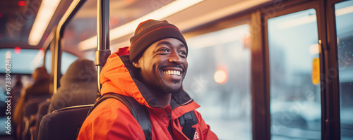 Happy african american man travelling on bus