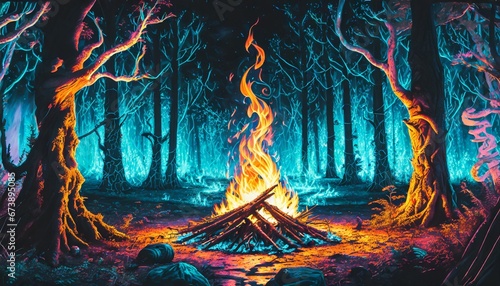 kolorowy las z ogniskiem