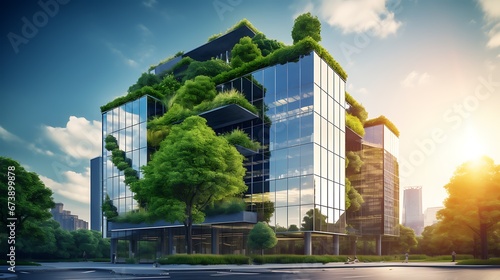 Eco-friendly building in the modern city. Sustainable glass office building with tree for reducing carbon dioxide. Office building with green environment. Corporate building reduce CO2