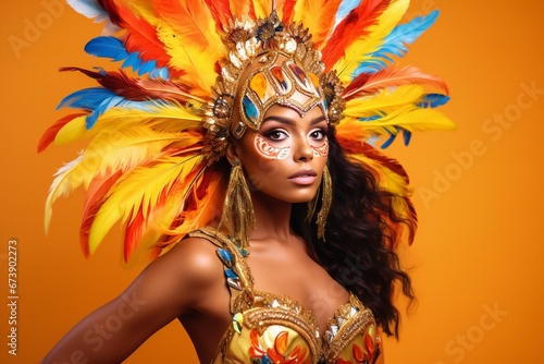 Beautiful brazilian woman in Brazilian carnival costume on yellow background