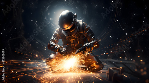 A welder in protective overalls and a welding mask welds metal structures by welding in a hard-to-reach place. forced posture. scaphander