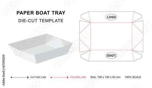 Food tray die cut template with 3D blank vector mockup for food packaging 