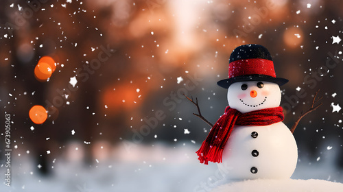 Christmas scene with a cute snowman. Free space for text on side, snob, light and bokeh in background