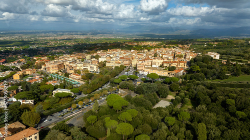 Aerial view of Frascati, a small town in the metropolitan city of Rome Capital, in the area of Roman Castles, in Lazio, Italy.