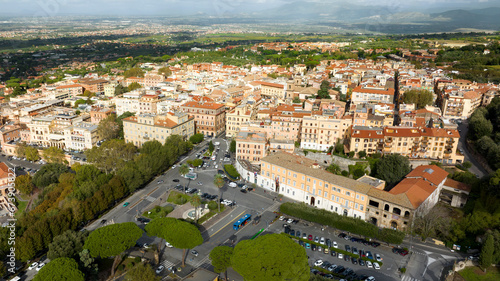 Aerial view of Frascati, a small town in the metropolitan city of Rome Capital, in the area of Roman Castles, in Lazio, Italy.