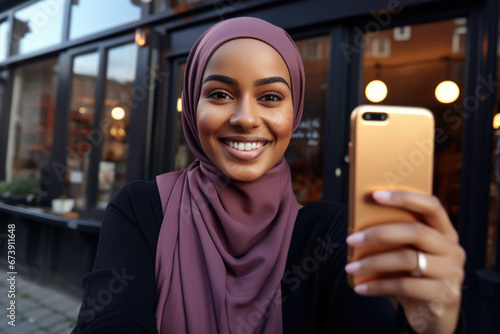 Portrait of a cheerful swarthy Muslim woman in purple hijab with a smartphone in her hand taking selfies against the background of city windows.