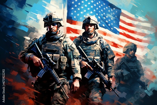 US army soldiers against an american flag