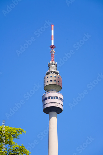 Florianturm in Dortmund with blue sky in the background. Observation tower, television tower of the city.