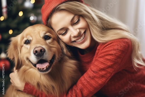 Christmas Golden Retriever: Beautiful Girl Celebrating the Holidays with a Happy Golden Retriever