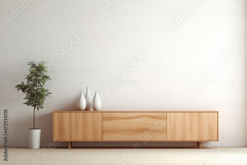 Interior mock up, contemporary style. Empty white wall in modern room. Copy space for your artwork, picture, poster. Apartment interior design. Wooden sideboard and indoor plant in pot.