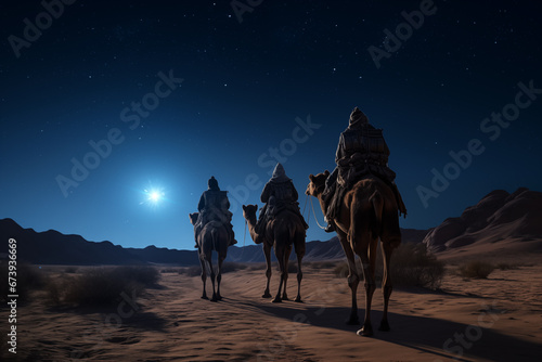 Christmas Jesus birth concept - Adoration of the Magi, Three Wise Men, Three Kings, and the Three biblical Magi with camel silhouettes journeying in sand dunes of desert follow Bethlehem star at night