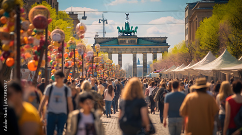 A photo of the Brandenburg Gate, with a bustling cityscape as the background, during a lively festival