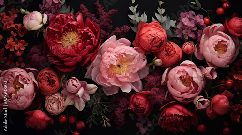 Beautiful bouquet of peonies and different flowers on a black background. Flower petals. Floral wallpaper. Pattern from natural flowers. Floral card design with dark vintage effect. Generated AI