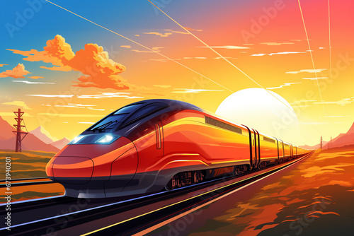 High speed train on sunset background transportation