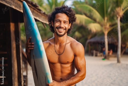 Happy indian male surfer on the beach with surfboard in hand. Handsome male surfer smiling at camera, ready to surf. Summer at the beach, surfing